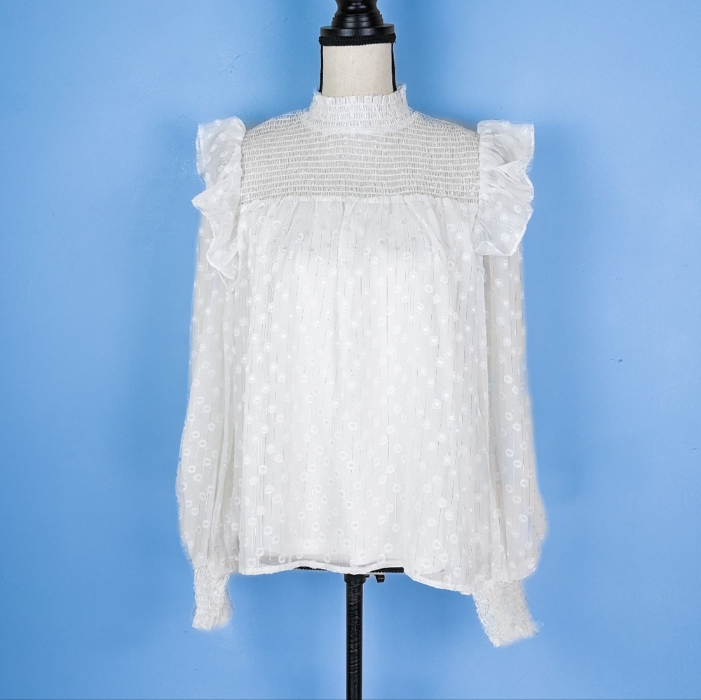NWT Flying Tomato White and Silver Ruffled Blouse, Size Large